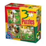 Set 3 puzzle-uri de 6, 9, 16 piese – Animale sălbatice și domestice D-Toys 60150