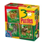 Set 3 puzzle-uri de 6, 9, 16 piese – Animale sălbatice și domestice D-Toys 60150