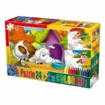 Set Puzzle 24 piese Animale + 2 fișe de colorat și creioane colorate Color Me D-Toys 60730