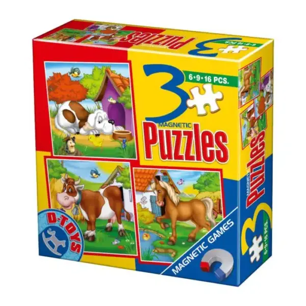 Set 3 puzzle-uri magnetice de 6/ 9/ 16 piese: Animale domestice D-Toys 60457