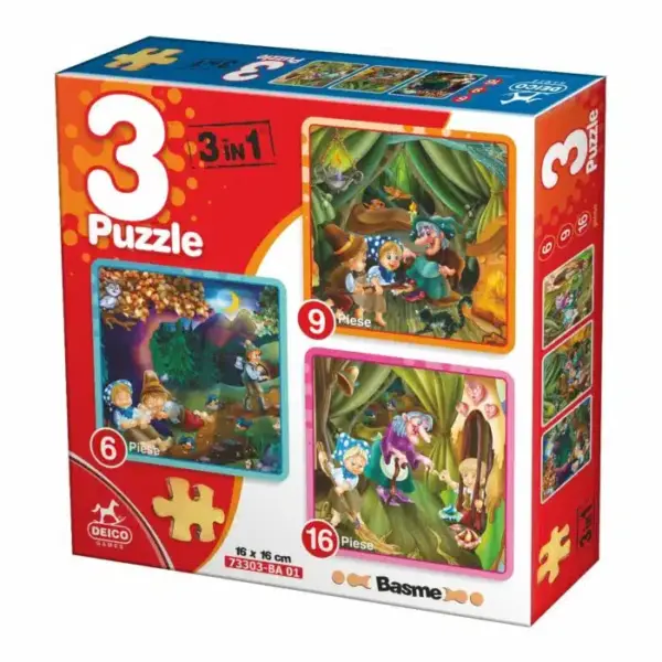 Puzzle 3 în 1 de 6, 9 și 16 piese – Hansel și Gretel D-Toys 73303