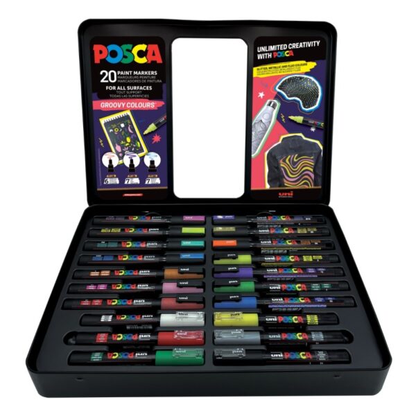 Set 20 culori Groovy Colours UniBall Posca in cutie metalica